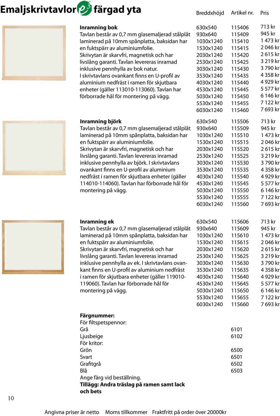 I skrivtavlans ovankant finns en U-profil av aluminium nedfräst i ramen för skjutbara enheter (gäller 113010-113060). Tavlan har förborrade hål för montering på vägg.