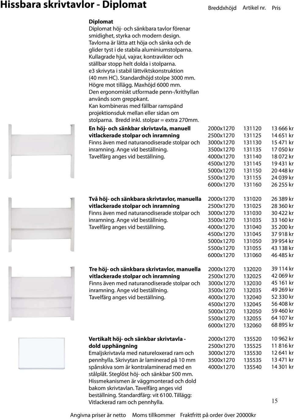 e3 skrivyta i stabil lättviktskonstruktion (40 mm HC). Standardhöjd stolpe 3000 mm. Högre mot tillägg. Maxhöjd 6000 mm. Den ergonomiskt utformade penn-/krithyllan används som greppkant.