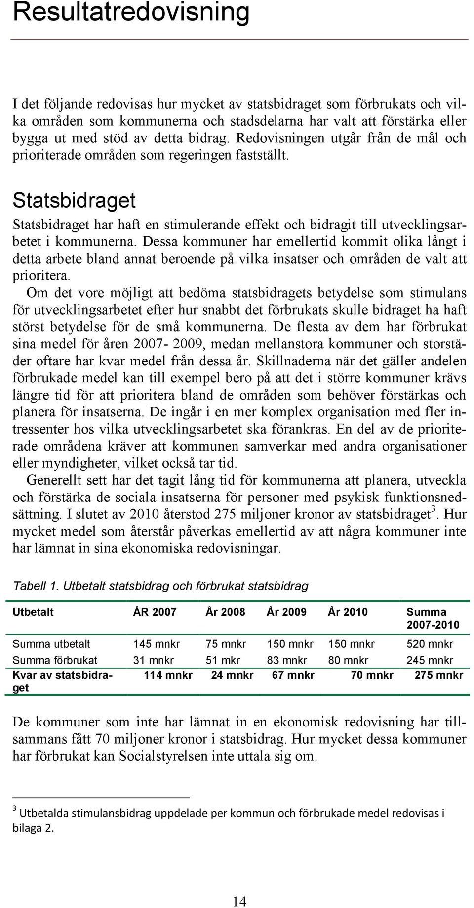 Statsbidraget Statsbidraget har haft en stimulerande effekt och bidragit till utvecklingsarbetet i kommunerna.