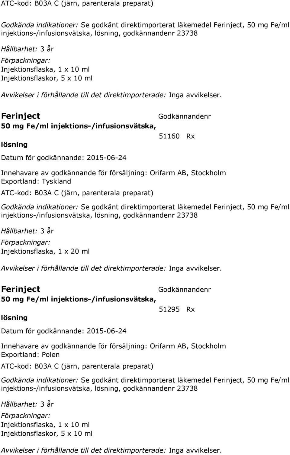 Ferinject 50 mg Fe/ml injektions-/infusionsvätska, lösning 51160 Rx Innehavare av godkännande för försäljning: Orifarm AB, Stockholm Exportland: Tyskland  3 år Injektionsflaska, 1 x 20 ml Avvikelser