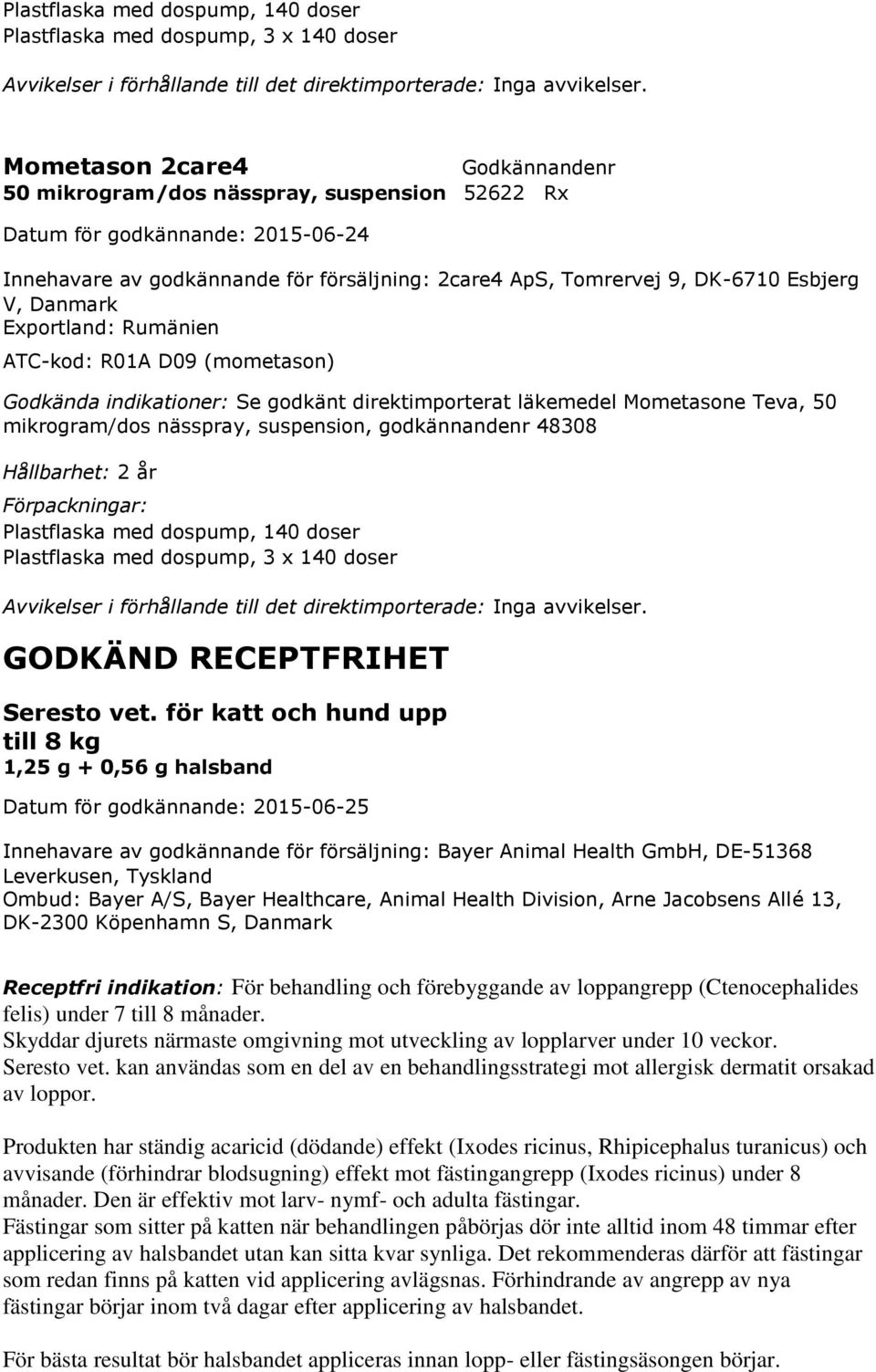 (mometason) Godkända indikationer: Se godkänt direktimporterat läkemedel Mometasone Teva, 50 mikrogram/dos nässpray, suspension, godkännandenr 48308 Hållbarhet: 2 år  GODKÄND RECEPTFRIHET Seresto vet.