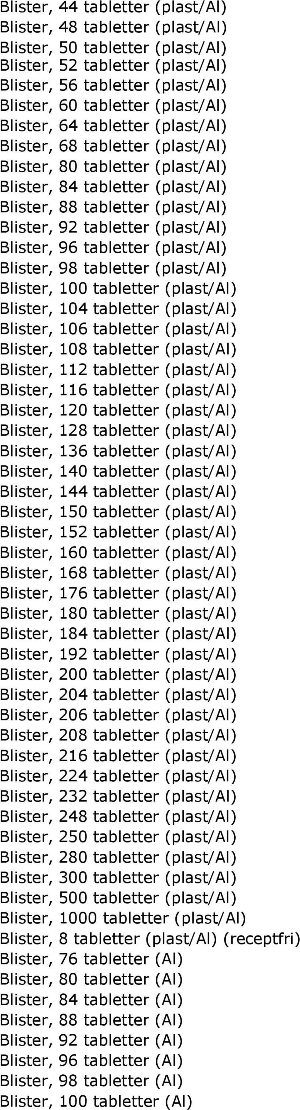 Blister, 96 tabletter (plast/al) Blister, 98 tabletter (plast/al) Blister, 100 tabletter (plast/al) Blister, 104 tabletter (plast/al) Blister, 106 tabletter (plast/al) Blister, 108 tabletter