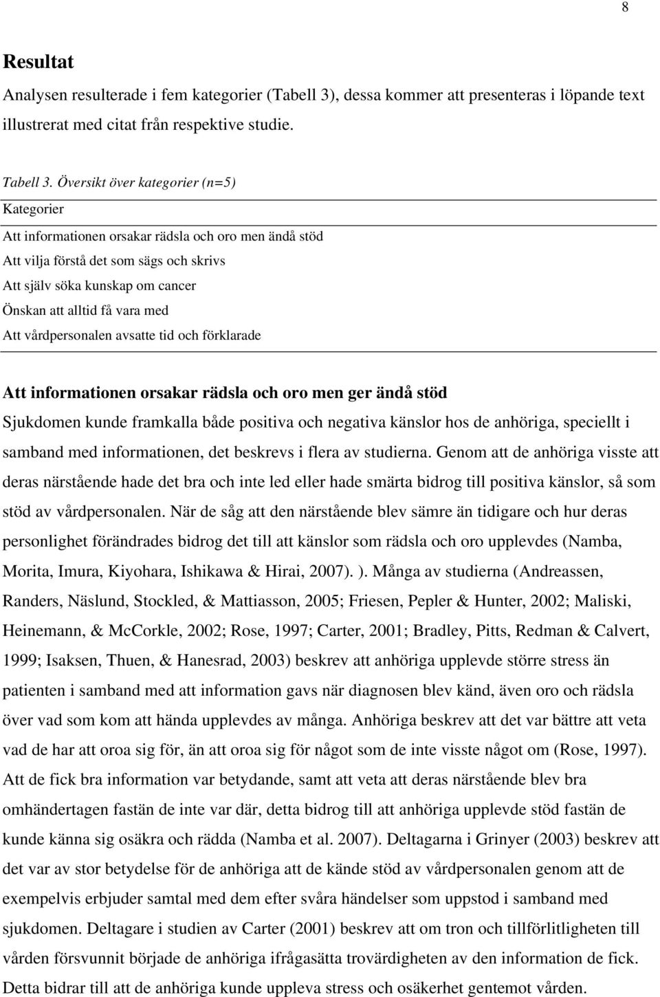 med Att vårdpersonalen avsatte tid och förklarade Att informationen orsakar rädsla och oro men ger ändå stöd Sjukdomen kunde framkalla både positiva och negativa känslor hos de anhöriga, speciellt i