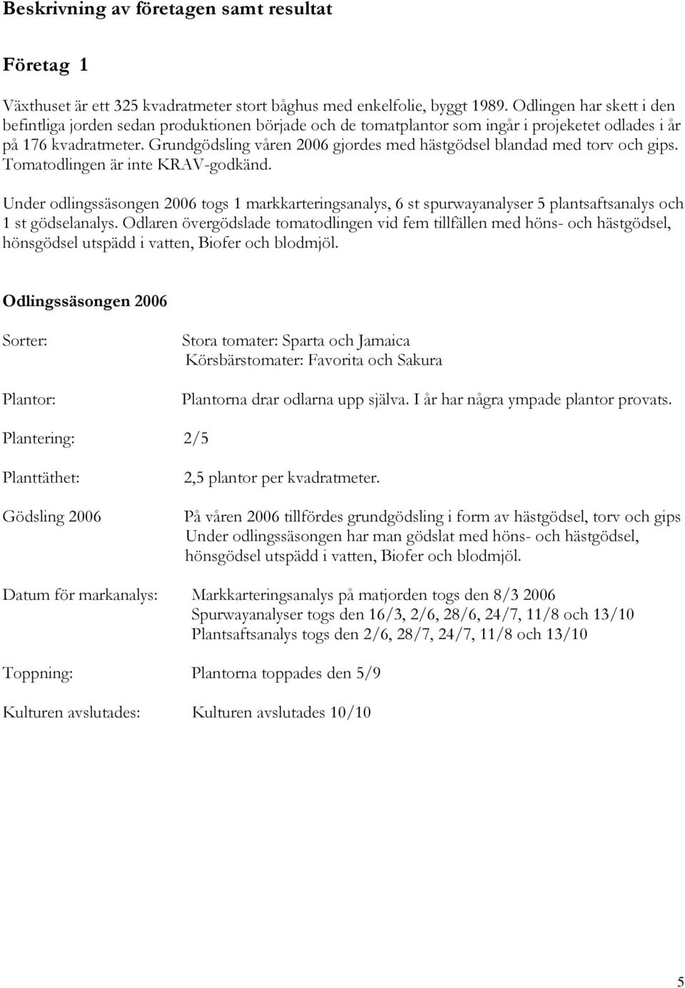 Grundgödsling våren 2006 gjordes med hästgödsel blandad med torv och gips. Tomatodlingen är inte KRAV-godkänd.