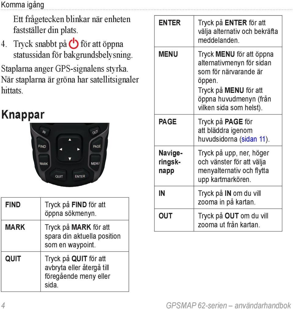 Tryck på QUIT för att avbryta eller återgå till föregående meny eller sida. ENTER MENU PAGE Navigeringsknapp IN OUT Tryck på ENTER för att välja alternativ och bekräfta meddelanden.