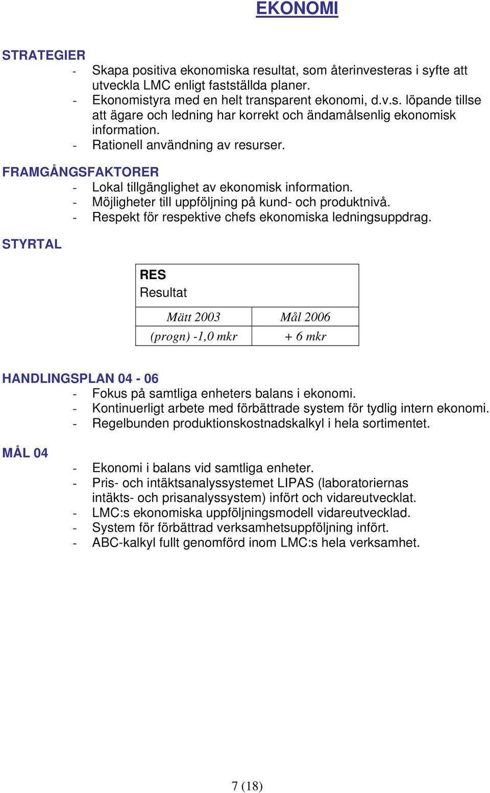 - Respekt för respektive chefs ekonomiska ledningsuppdrag. STYRTAL RES Resultat Mätt 2003 Mål 2006 (progn) -1,0 mkr + 6 mkr HANDLINGSPLAN 04-06 - Fokus på samtliga enheters balans i ekonomi.