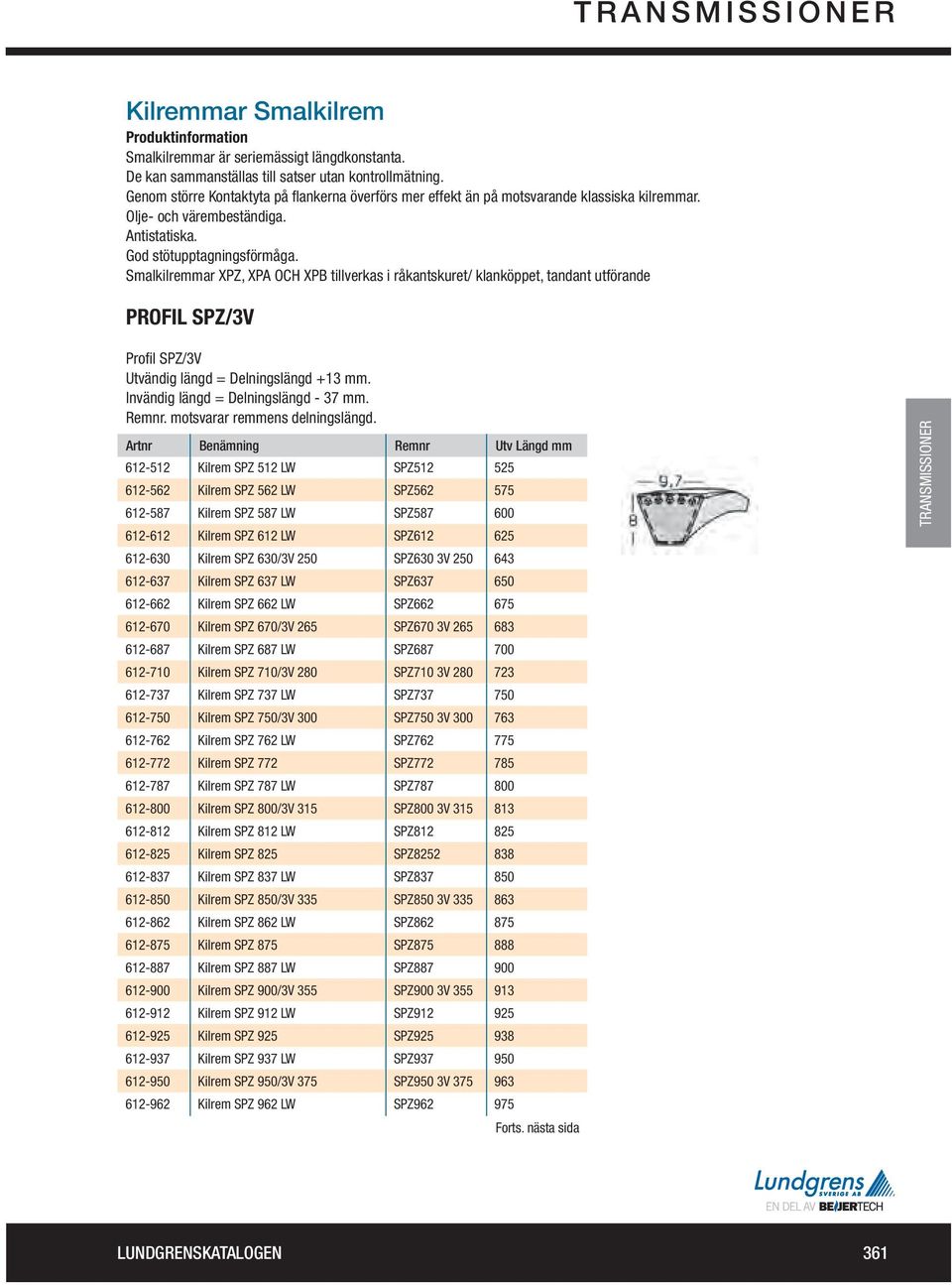 Smalkilremmar XPZ, XPA OCH XPB tillverkas i råkantskuret/ klanköppet, tandant utförande PROFIL SPZ/3V Profi l SPZ/3V Utvändig längd = Delningslängd +13 mm. Invändig längd = Delningslängd - 37 mm.