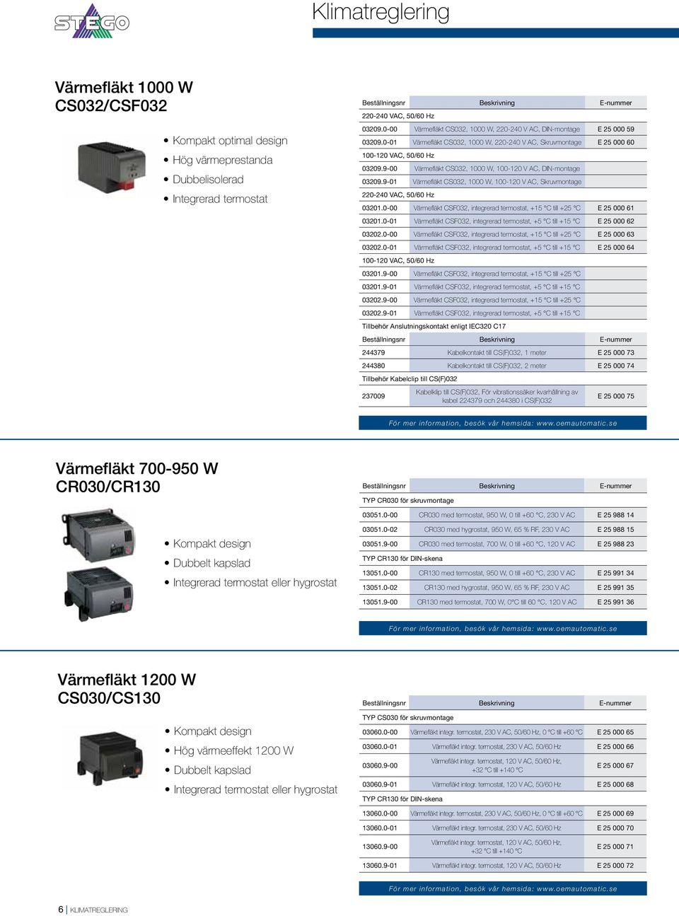 9-00 Värmefläkt CS032, 1000 W, 100-120 V AC, DIN-montage 03209.9-01 Värmefläkt CS032, 1000 W, 100-120 V AC, Skruvmontage 220-240 VAC, 50/60 Hz 03201.