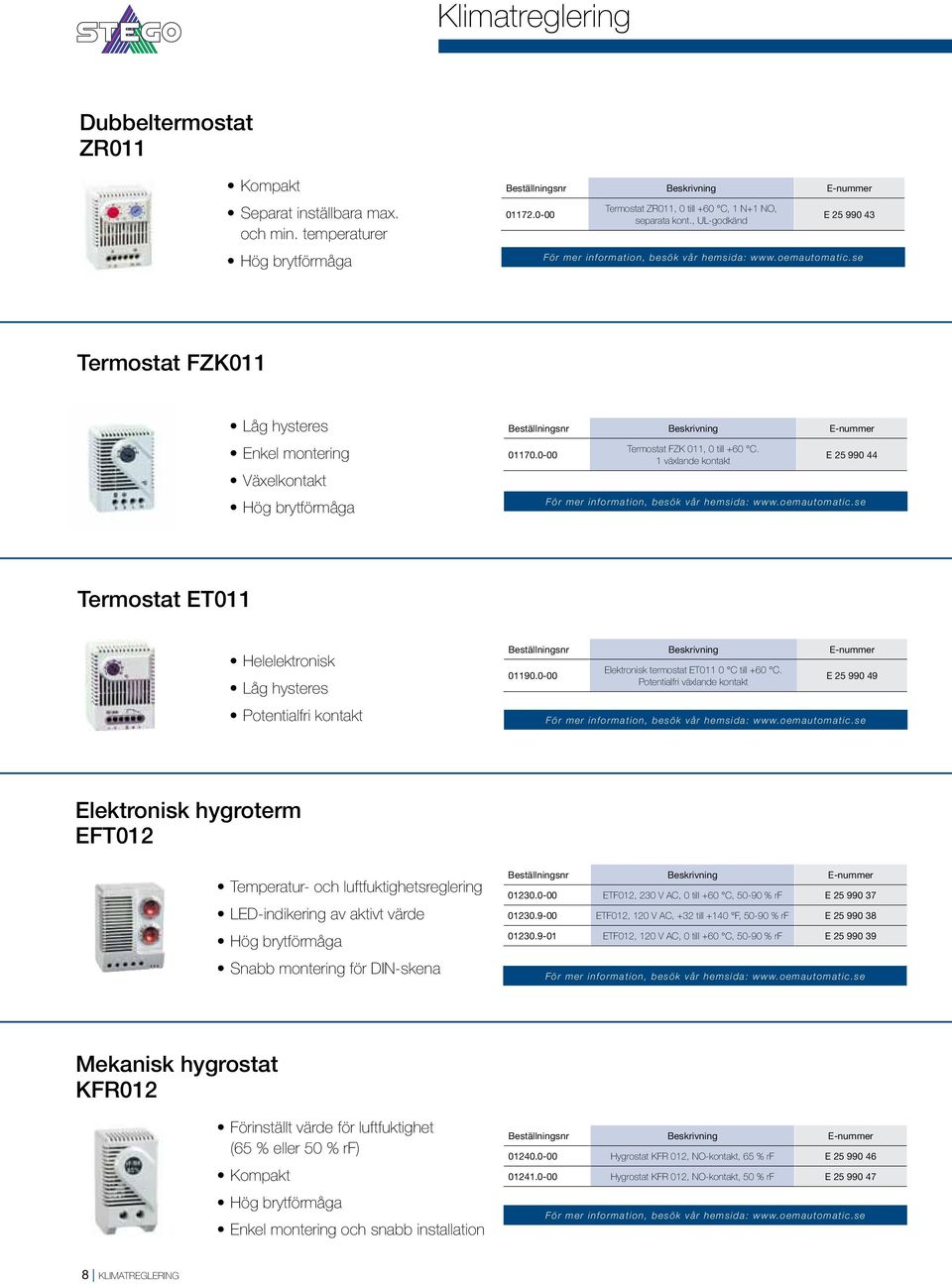 1 växlande kontakt E 25 990 44 Termostat ET011 Helelektronisk Låg hysteres Potentialfri kontakt 01190.0-00 Elektronisk termostat ET011 0 C till +60 C.