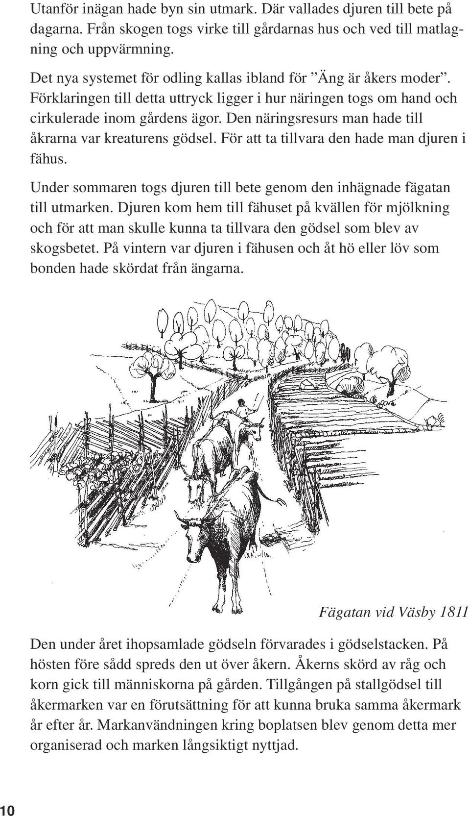 Den näringsresurs man hade till åkrarna var kreaturens gödsel. För att ta tillvara den hade man djuren i fähus. Under sommaren togs djuren till bete genom den inhägnade fägatan till utmarken.