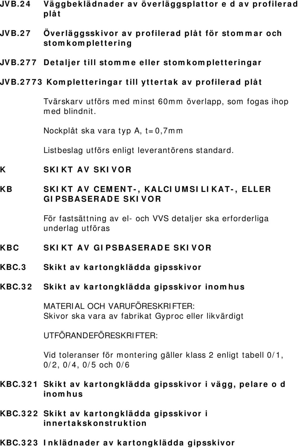 Nockplåt ska vara typ A, t=0,7mm Listbeslag utförs enligt leverantörens standard.