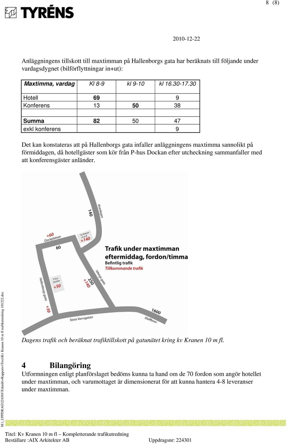 som kör från P-hus Dockan efter utcheckning sammanfaller med att konferensgäster anländer. Dagens trafik och beräknat trafiktillskott på gatunätet kring kv Kranen 10 m fl.