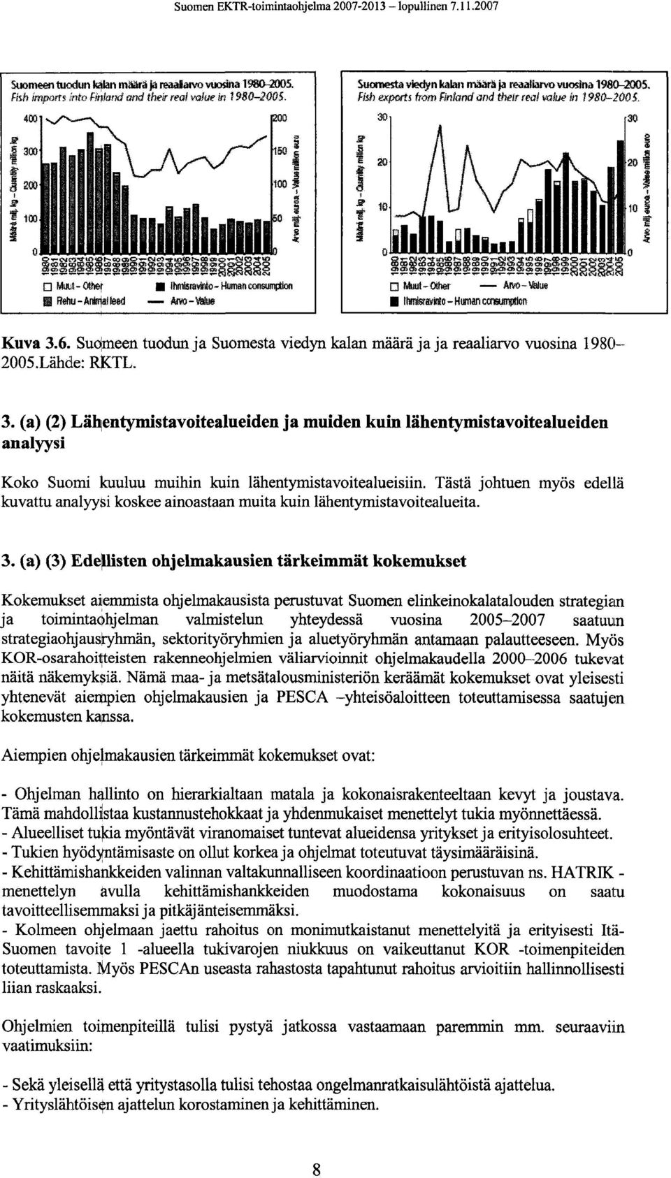 Suomeen tuodun ja Suomesta viedyn kalan määrä ja ja reaaliarvo vuosina 1980-2005.Lähde: RKTL. 3.
