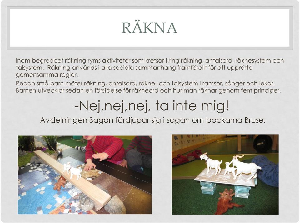 Redan små barn möter räkning, antalsord, räkne- och talsystem i ramsor, sånger och lekar.