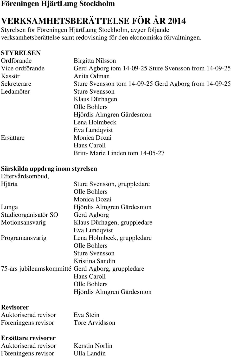 Holmbeck Eva Lundqvist Ersättare Monica Dozai Hans Caroll Britt- Marie Linden tom 14-05-27 Särskilda uppdrag inom styrelsen Eftervårdsombud, Hjärta, gruppledare Monica Dozai Lunga Studieorganisatör