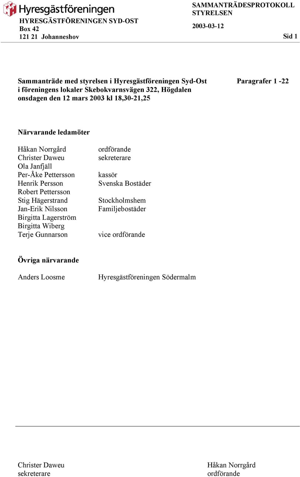 Pettersson Stig Hägerstrand Jan-Erik Nilsson Birgitta Lagerström Birgitta Wiberg Terje Gunnarson ordförande sekreterare kassör Svenska Bostäder