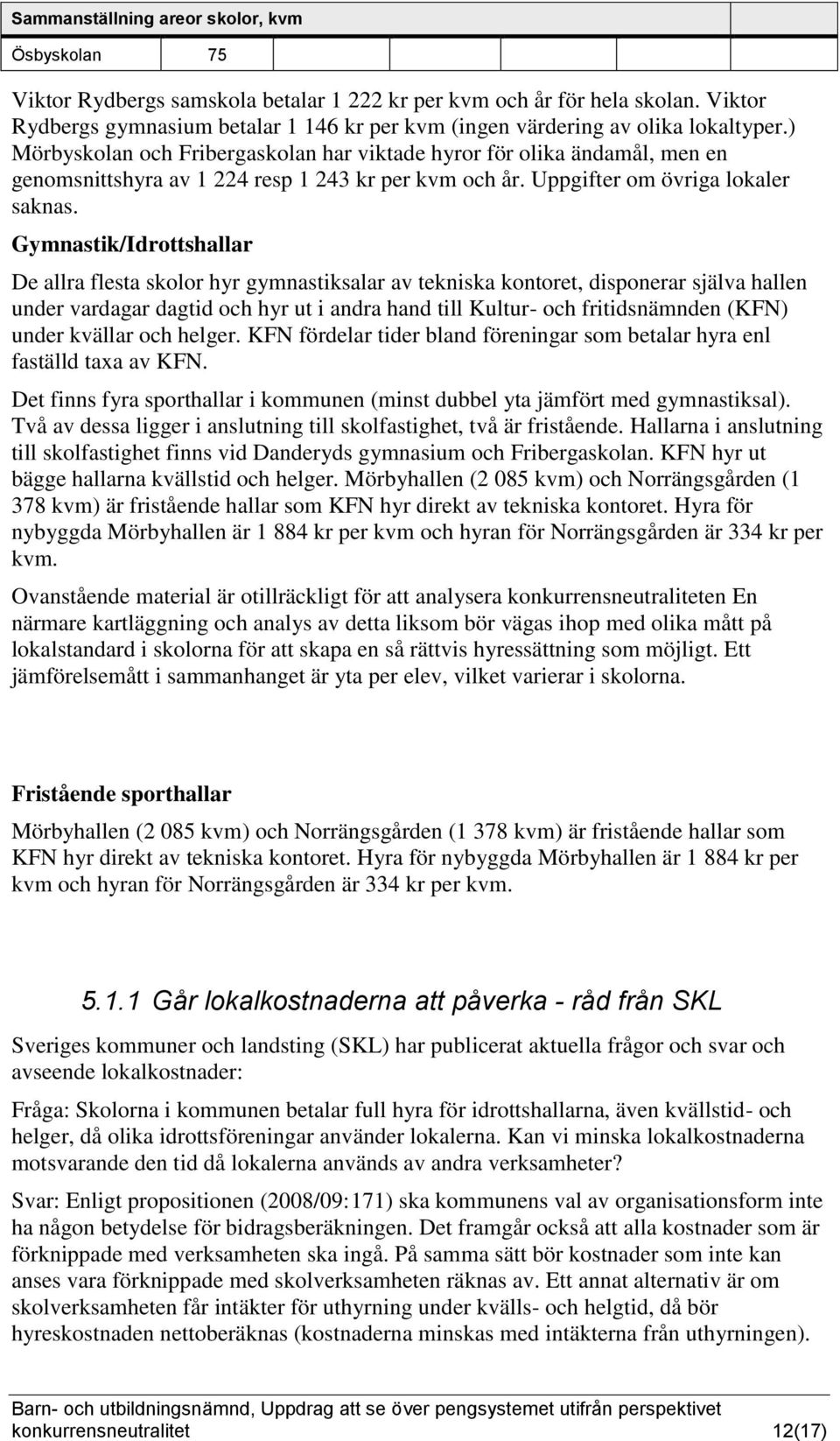 ) Mörbyskolan och Fribergaskolan har viktade hyror för olika ändamål, men en genomsnittshyra av 1 224 resp 1 243 kr per kvm och år. Uppgifter om övriga lokaler saknas.