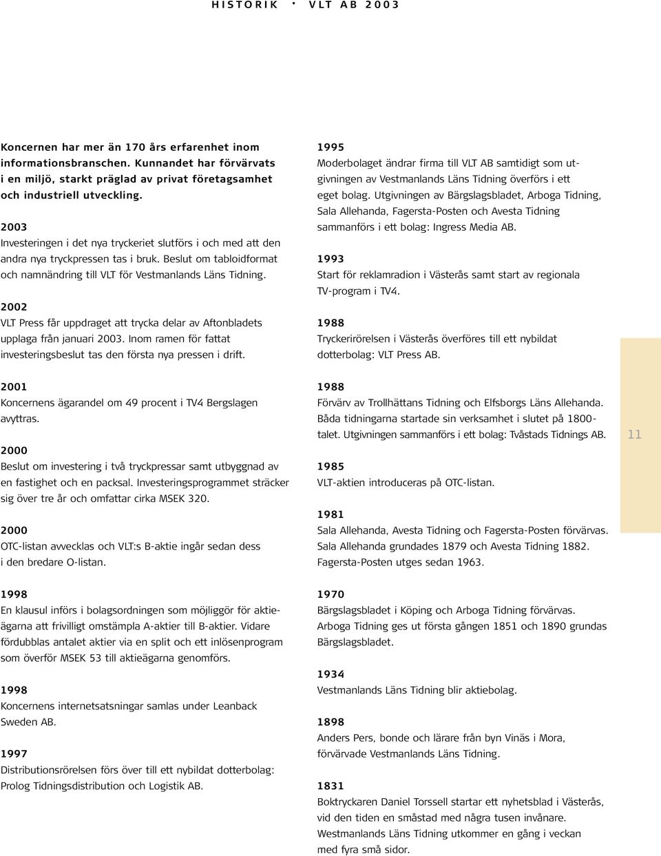 2002 VLT Press får uppdraget att trycka delar av Aftonbladets upplaga från januari 2003. Inom ramen för fattat investeringsbeslut tas den första nya pressen i drift.