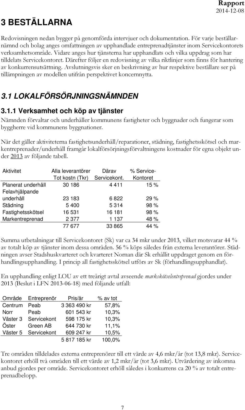 Vidare anges hur tjänsterna har upphandlats och vilka uppdrag som har tilldelats Servicekontoret. Därefter följer en redovisning av vilka riktlinjer som finns för hantering av konkurrensutsättning.