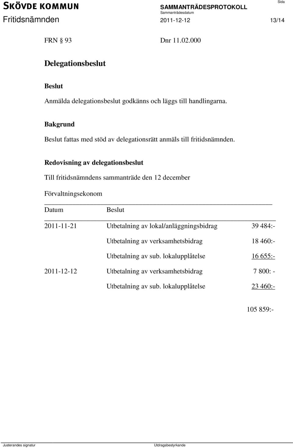 Redovisning av delegationsbeslut Till fritidsnämndens sammanträde den 12 december Förvaltningsekonom Datum 2011-11-21 Utbetalning av