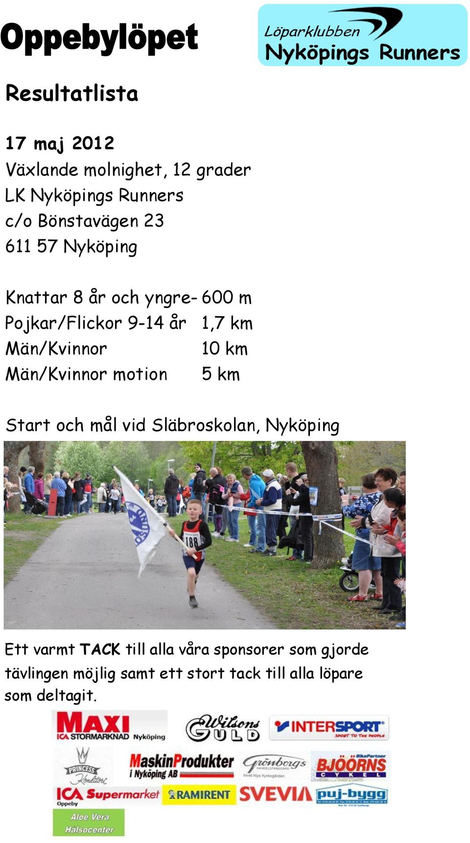 km Män/Kvinnor motion 5 km Start och mål vid Släbroskolan, Nyköping Ett varmt TACK till alla