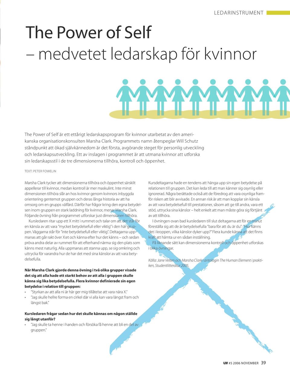Ett av inslagen i programmet är att utmana kvinnor att utforska sin ledarskapsstil i de tre dimensionerna tillhöra, kontroll och öppenhet.