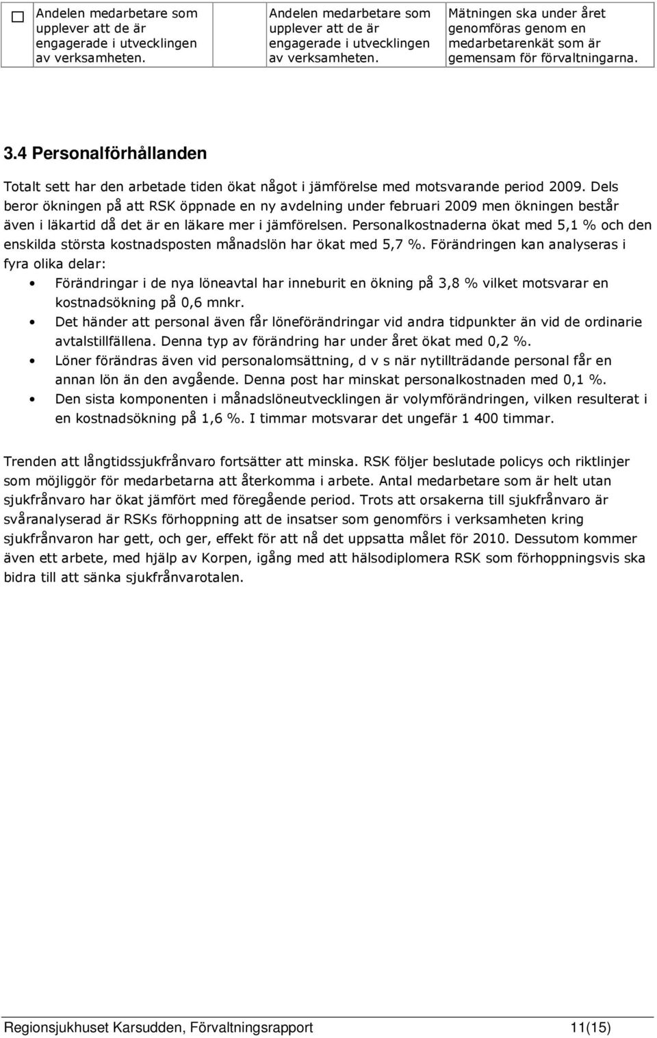 4 Personalförhållanden Totalt sett har den arbetade tiden ökat något i jämförelse med motsvarande period 2009.