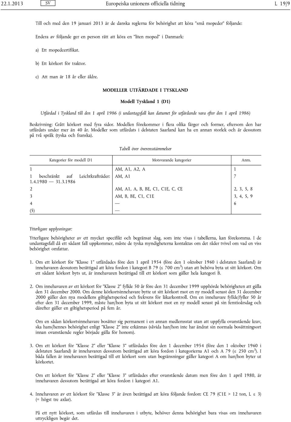 MOELLER UTFÄRE I TYSKLN Modell Tyskland 1 (1) Utfärdad i Tyskland till den 1 april 1986 (i undantagsfall kan datumet för utfärdande vara efter den 1 april 1986) eskrivning: Grått körkort med fyra