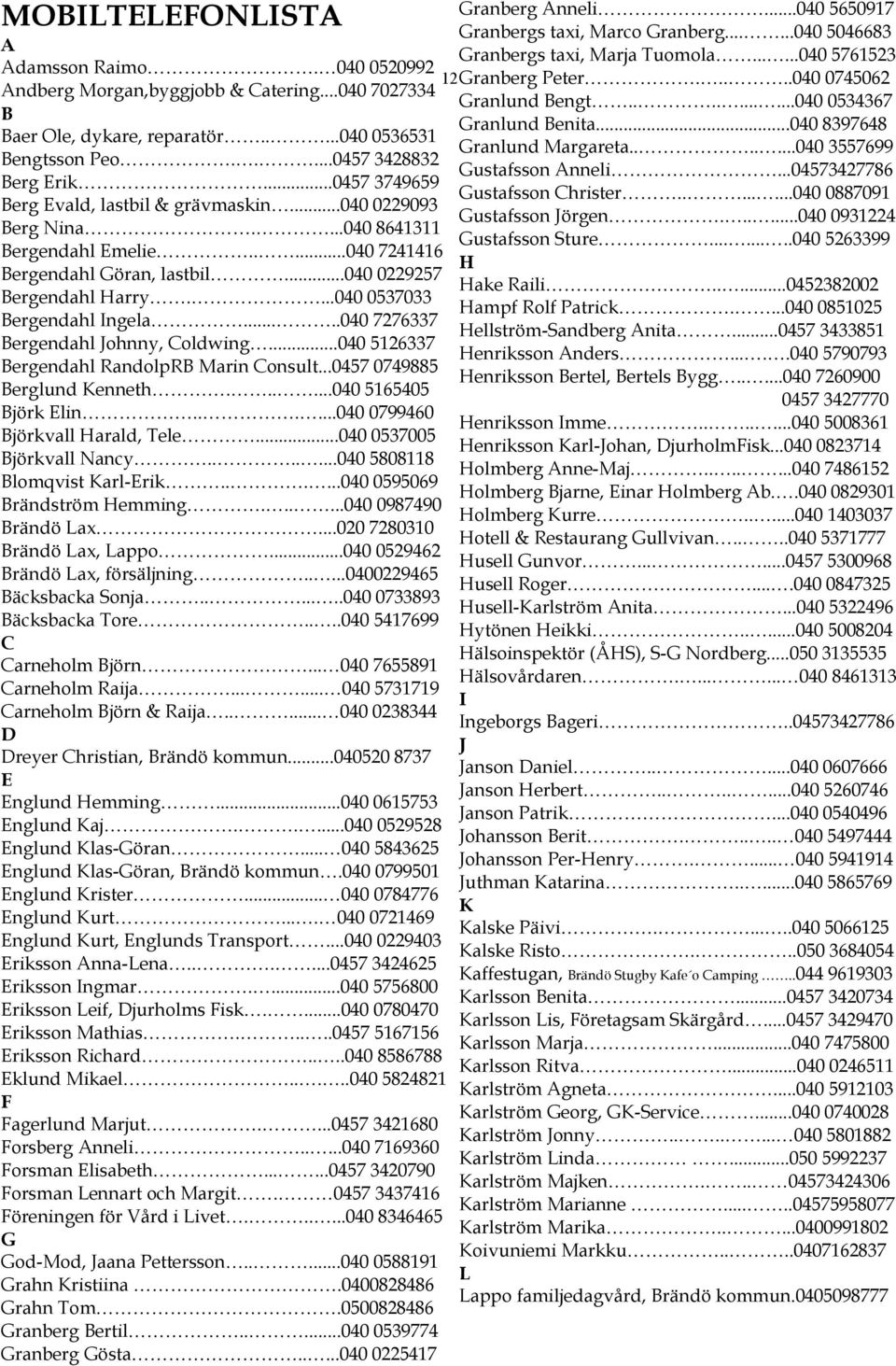 ...040 0537033 Bergendahl Ingela.....040 7276337 Bergendahl Johnny, Coldwing...040 5126337 Bergendahl RandolpRB Marin Consult...0457 0749885 Berglund Kenneth......040 5165405 Björk Elin.