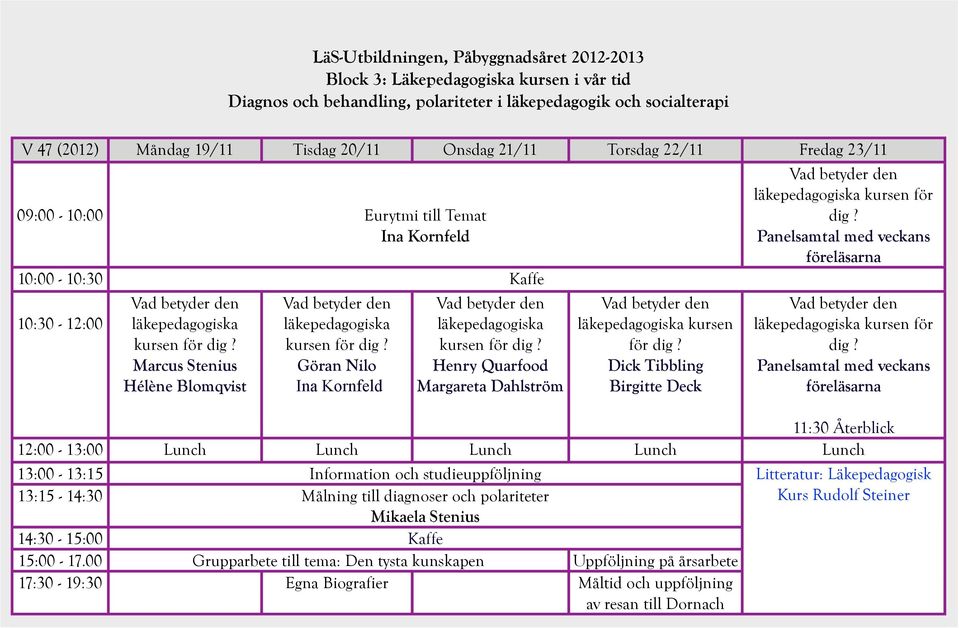 Panelsamtal med veckans föreläsarna 10:00-10:30 Kaffe 10:30-12:00 läkepedagogiska kursen för dig? Marcus Stenius läkepedagogiska kursen för dig? Göran Nilo Ina Kornfeld läkepedagogiska kursen för dig?