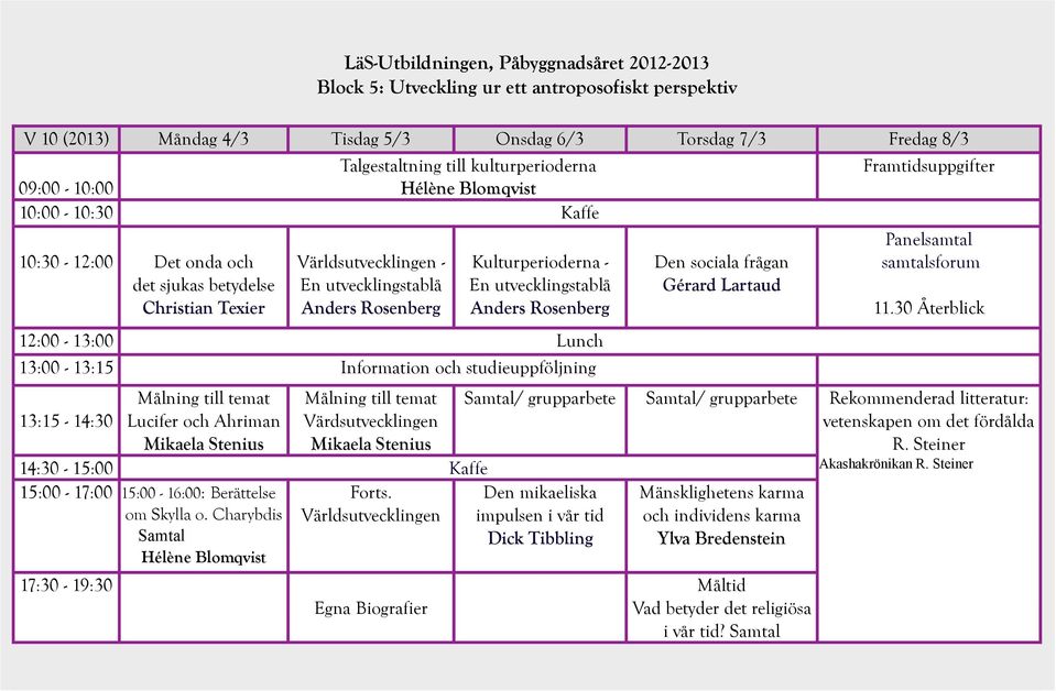 Kulturperioderna - En utvecklingstablå Anders Rosenberg 12:00-13:00 Lunch 13:00-13:15 Information och studieuppföljning Den sociala frågan Gérard Lartaud Panelsamtal samtalsforum 11.