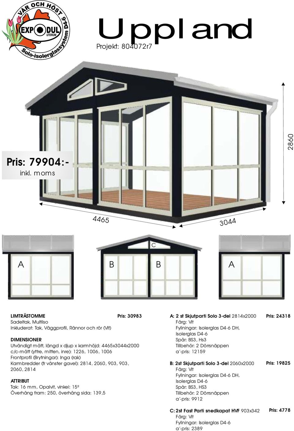 sida: 139,5 Pris: 30983 : 2 st Skjutparti Solo 3-del 2814x2000 Fyllningar: Isolerglas D4-6 DH, Isolerglas D4-6 Spår: S3, Hs3 a -pris: 12159 : 2st Skjutparti Solo 3-del