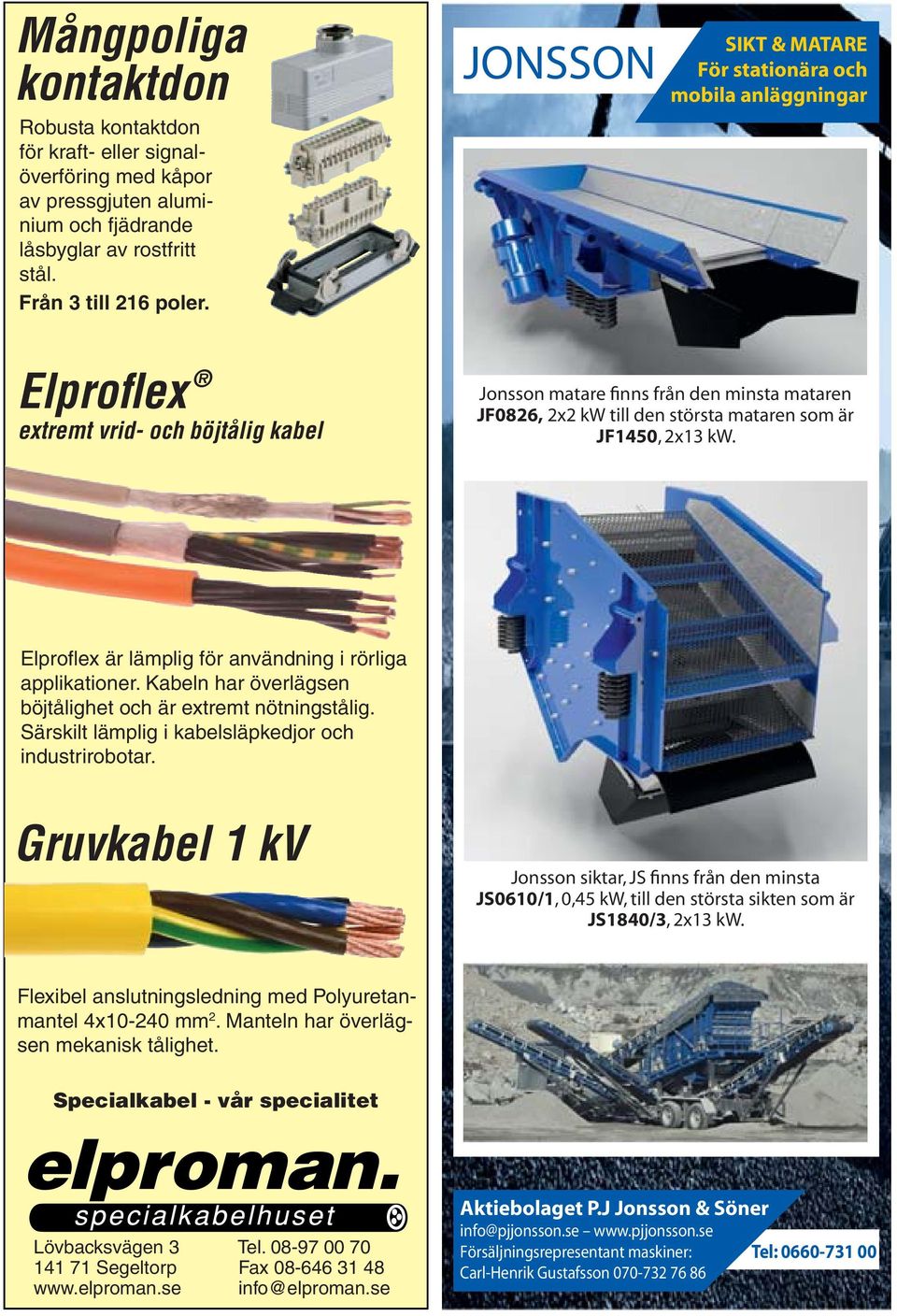 JF1450, 2x13 kw. Elproflex är lämplig för användning i rörliga applikationer. Kabeln har överlägsen böjtålighet och är extremt nötningstålig. Särskilt lämplig i kabelsläpkedjor och industrirobotar.