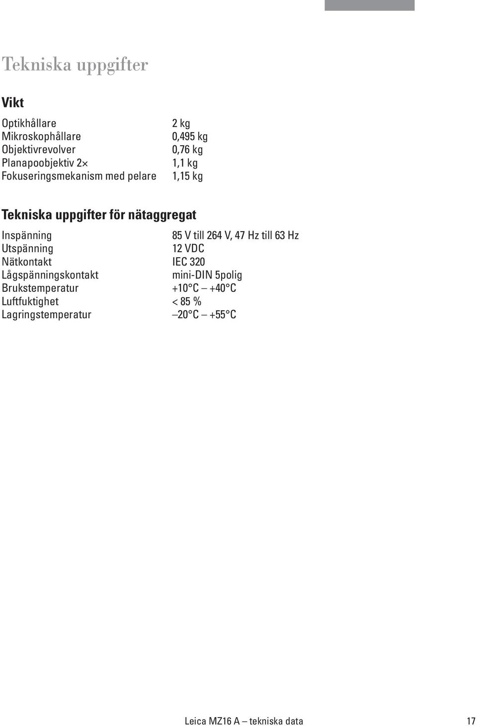 Inspänning 85 V till 264 V, 47 Hz till 63 Hz Utspänning 12 VDC Nätkontakt IEC 320 Lågspänningskontakt