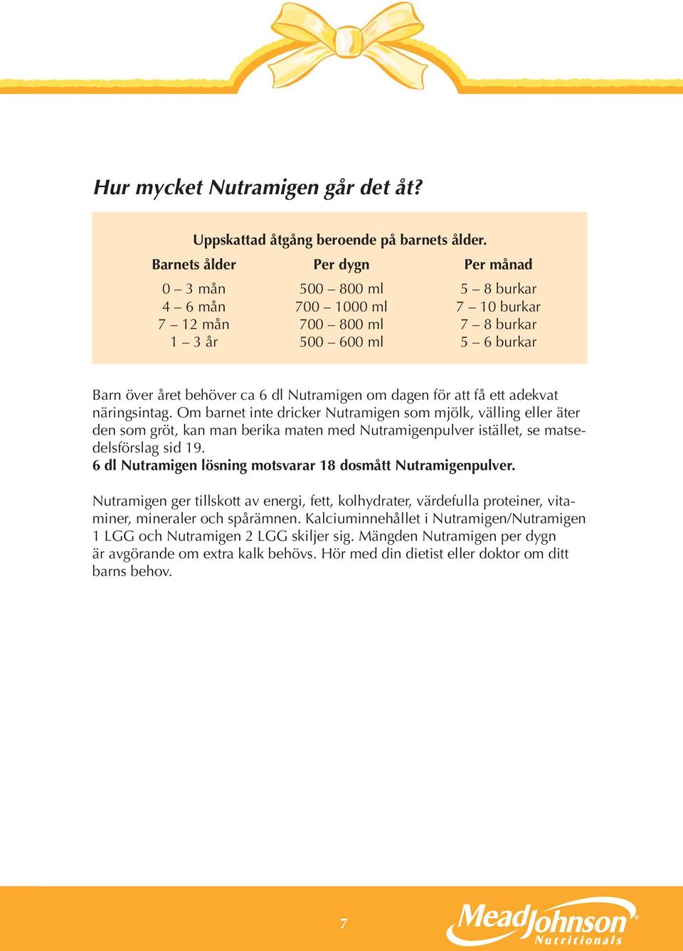 dagen för att få ett adekvat näringsintag. Om barnet inte dricker Nutramigen som mjölk, välling eller äter den som gröt, kan man berika maten med Nutramigenpulver istället, se matsedelsförslag sid 19.