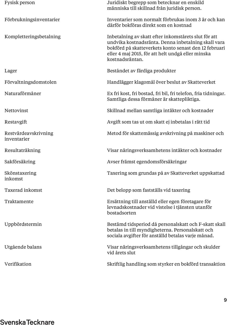 Inventarier som normalt förbrukas inom 3 år och kan därför bokföras direkt som en kostnad Inbetalning av skatt efter inkomstårets slut för att undvika kostnadsränta.