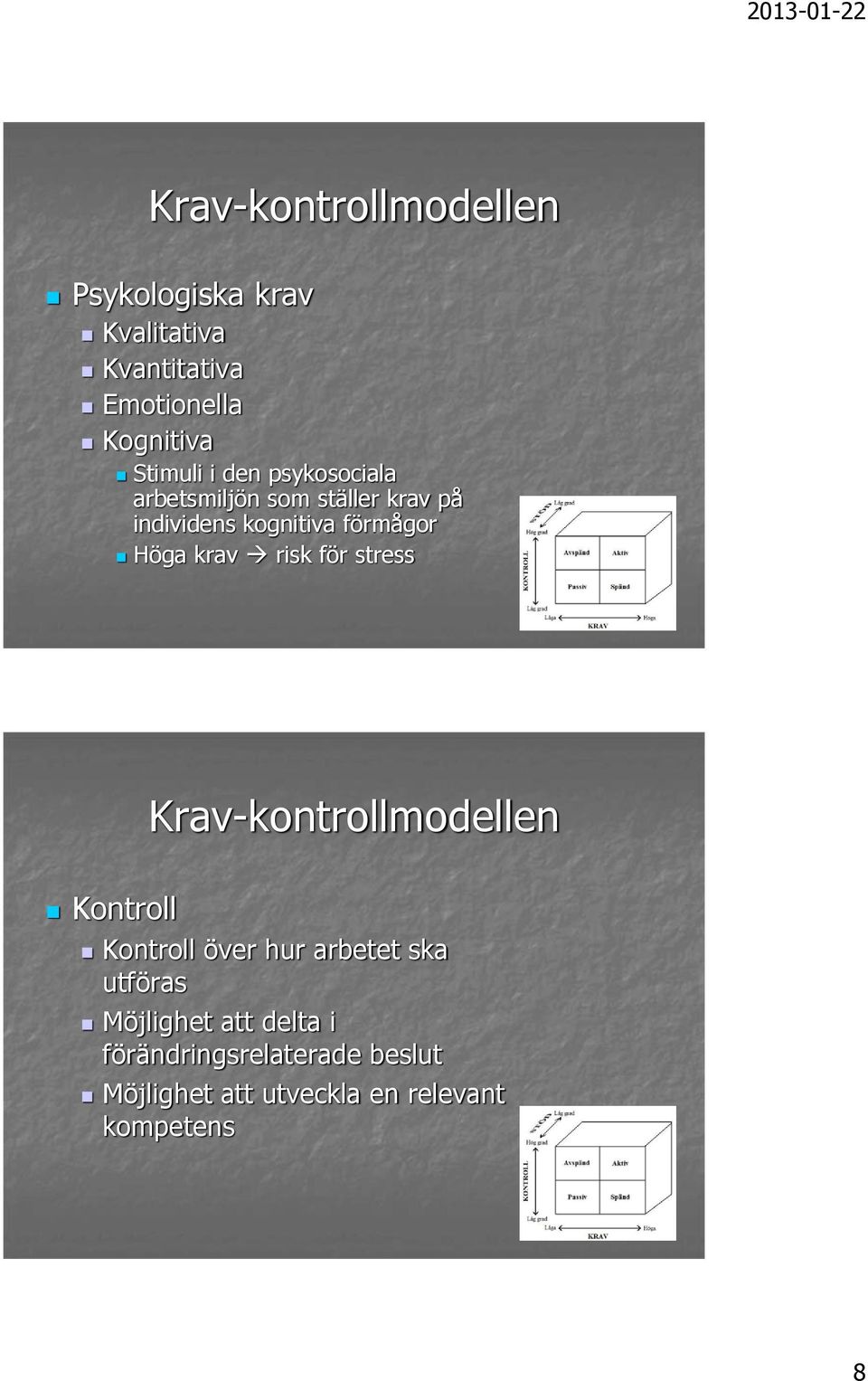 Höga krav risk för stress Kontroll Krav-kontrollmodellen Kontroll över hur arbetet ska