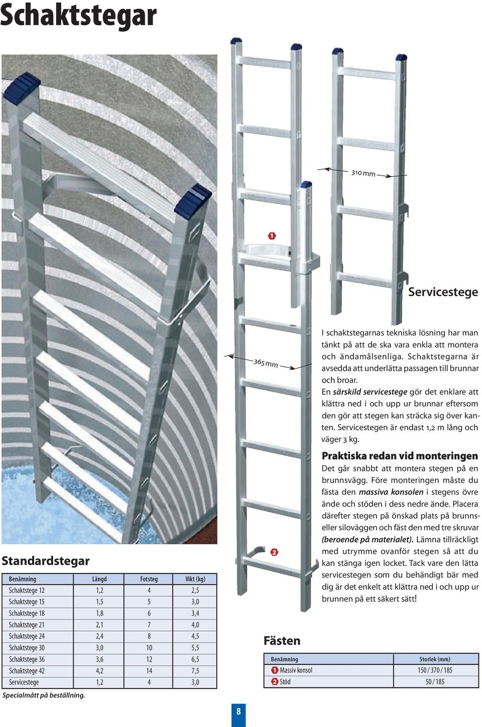 En särskild servicestege gör det enklare att klättra ned i och upp ur brunnar eftersom den gör att stegen kan sträcka sig över kanten. Servicestegen är endast 1,2 m lång och väger 3 kg.