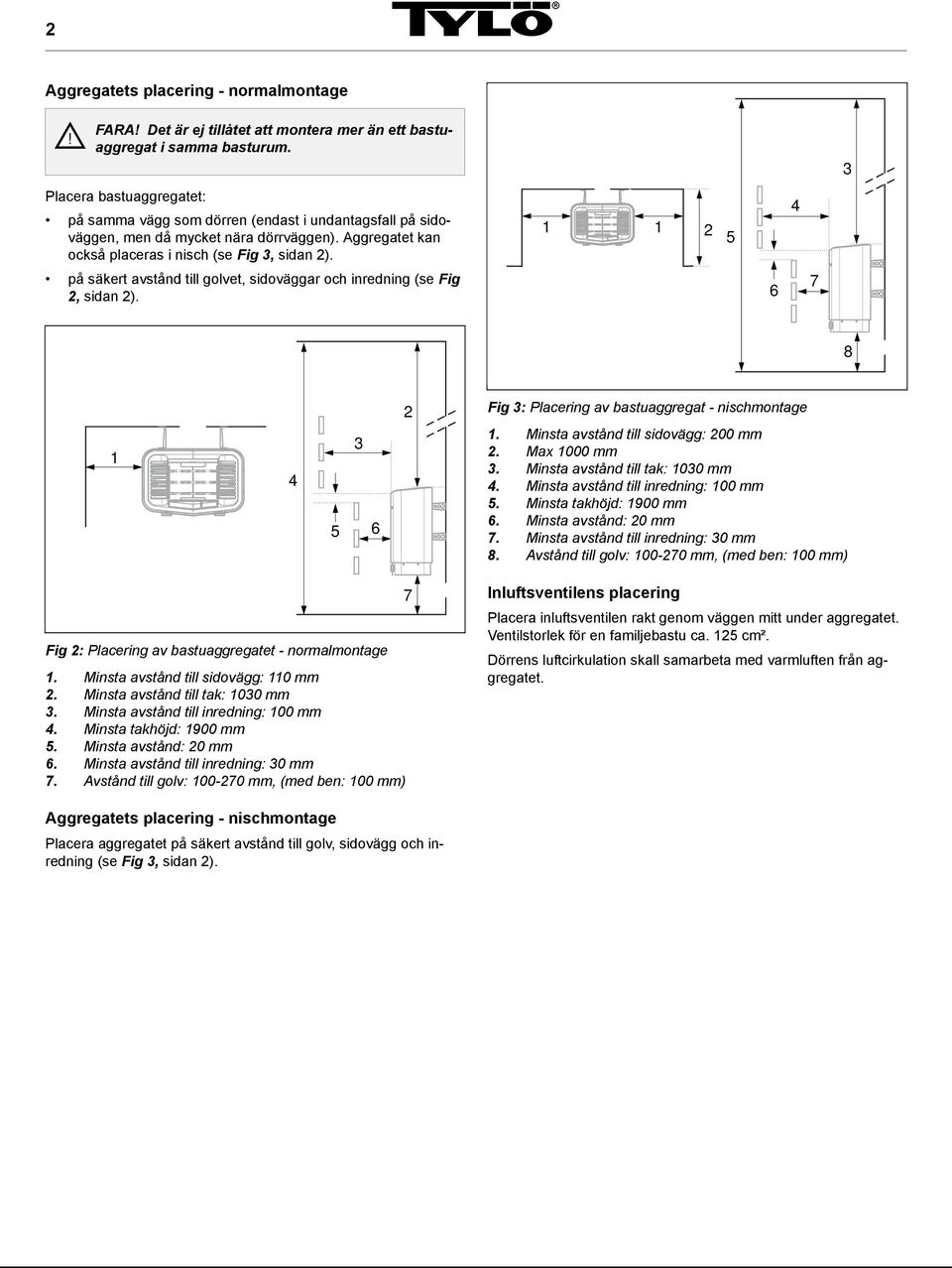 5 4 på säkert avstånd till golvet, sidoväggar och inredning (se Fig, sidan ). 6 7 8 4 5 3 6 Fig 3: Placering av bastuaggregat - nischmontage. Minsta avstånd till sidovägg: 00 mm. Max 000 mm 3.