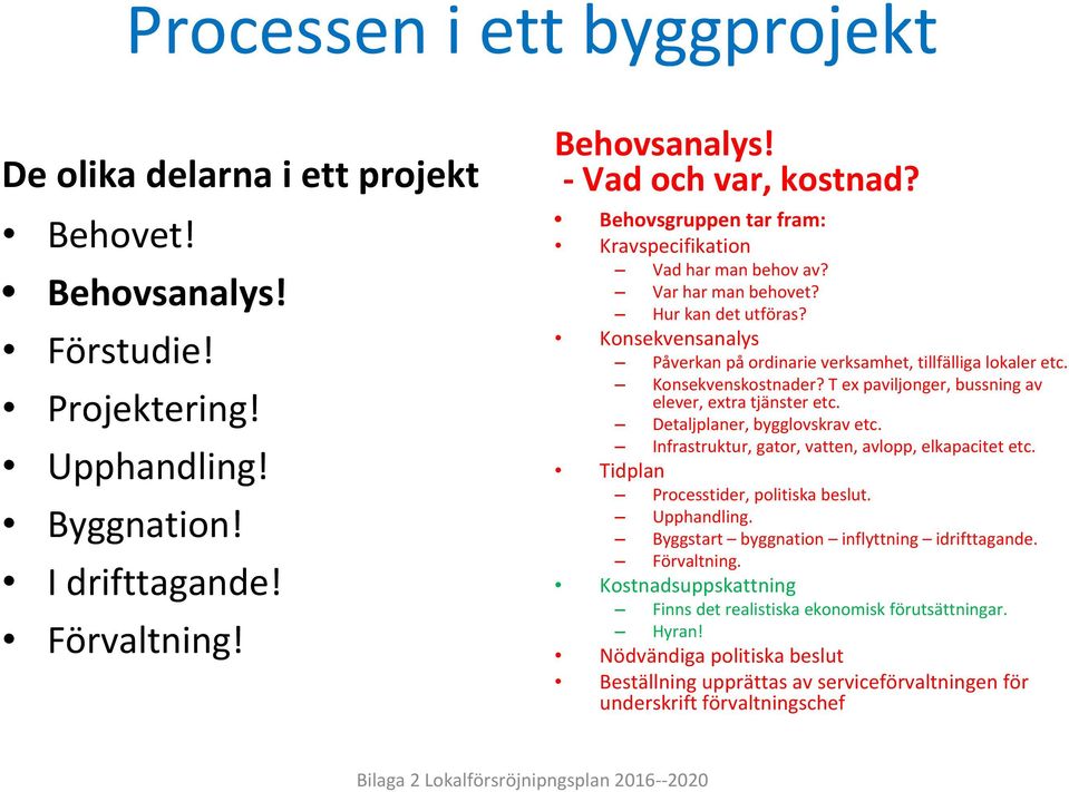 Konsekvenskostnader? T ex paviljonger, bussning av elever, extra tjänster etc. Detaljplaner, bygglovskrav etc. Infrastruktur, gator, vatten, avlopp, elkapacitet etc.