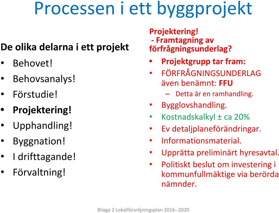 Projektgrupp tar fram: FÖRFRÅGNINGSUNDERLAG även benämnt: FFU Detta är en ramhandling. Bygglovshandling.