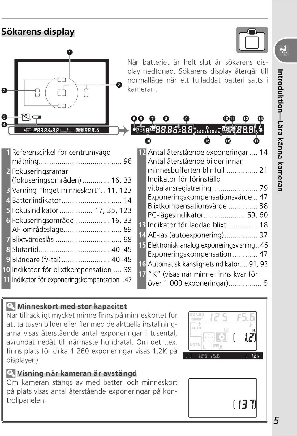 .. 38 11 Indikator för exponeringskompensation..47 1 2 När batteriet är helt slut är sökarens display nedtonad. Sökarens display återgår till normalläge när ett fulladdat batteri satts i kameran.