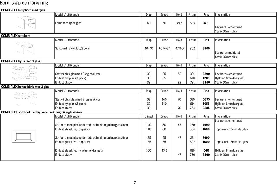 monterat Stativ 10mm plexi Modell / utförande Djup Bredd Höjd Art nr Pris Information Stativ i plexiglas med 3st glasskivor 38 85 82 301 6890 Levereras omonterat Endast hyllplan (3-pack) 32 85 610