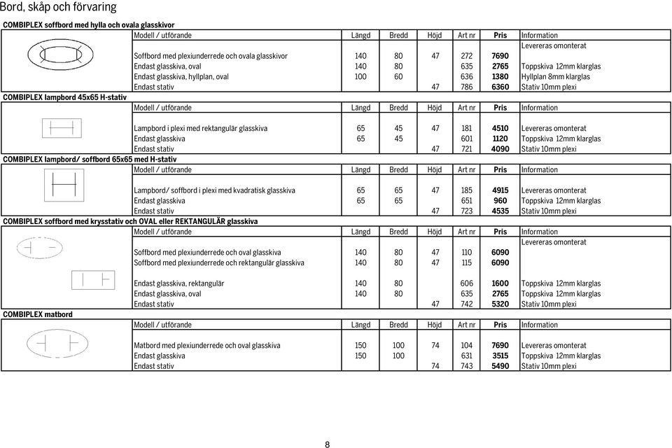 10mm plexi COMBIPLEX lampbord 45x65 H-stativ Modell / utförande Längd Bredd Höjd Art nr Pris Information Lampbord i plexi med rektangulär glasskiva 65 45 47 181 4510 Levereras omonterat Endast