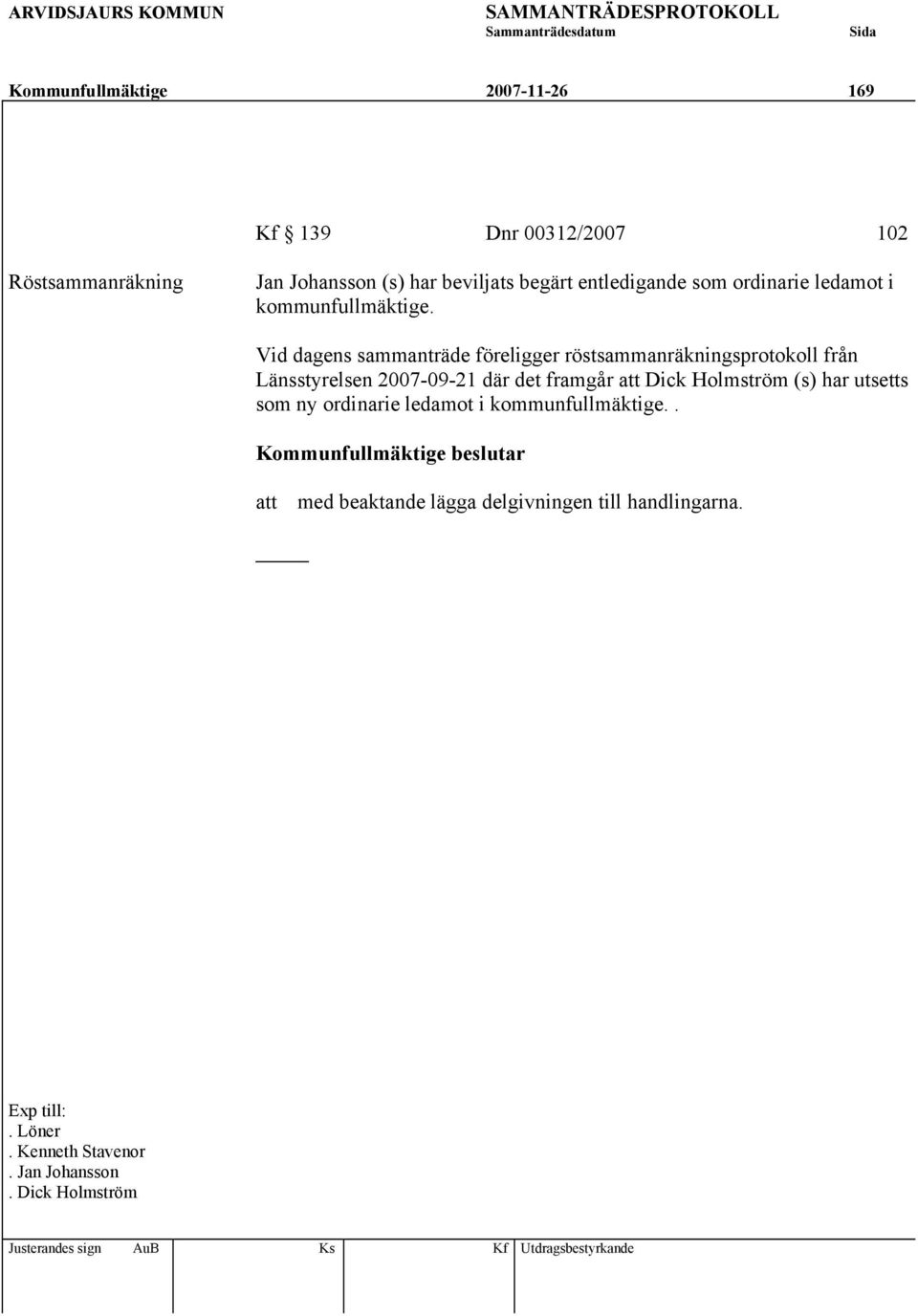 Vid dagens sammanträde föreligger röstsammanräkningsprotokoll från Länsstyrelsen 2007-09-21 där det framgår att Dick Holmström (s) har utsetts som ny