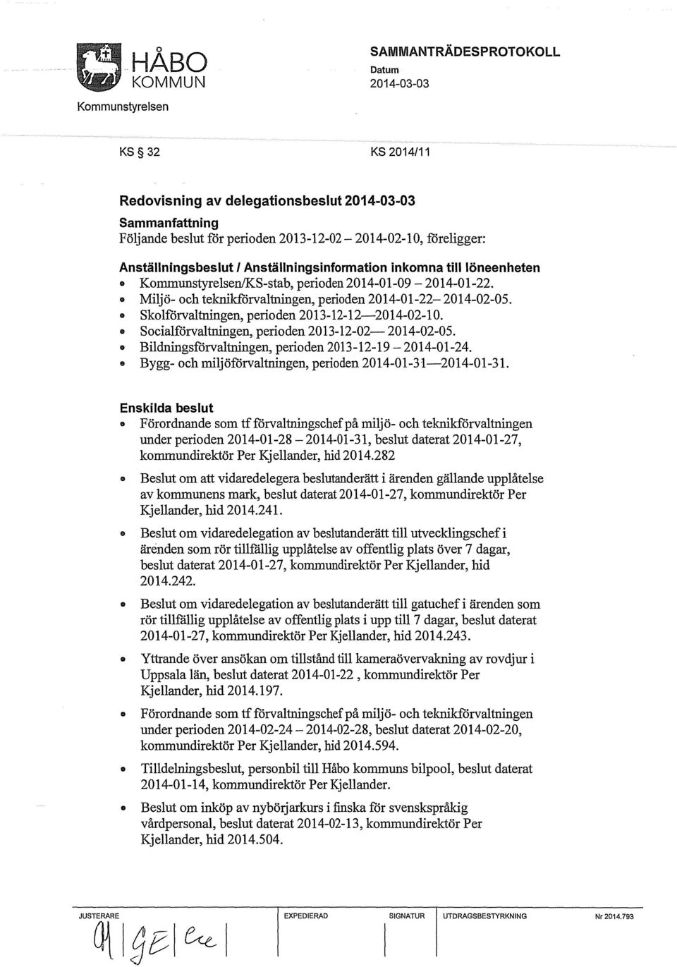 Socialförvaltningen, perioden 2013-12-02-2014-02-05. Bildningsförvaltningen, perioden 2013-12-19-2014-01-24. Bygg- och miljöförvaltningen, perioden 2014-01-31-2014-01-31.