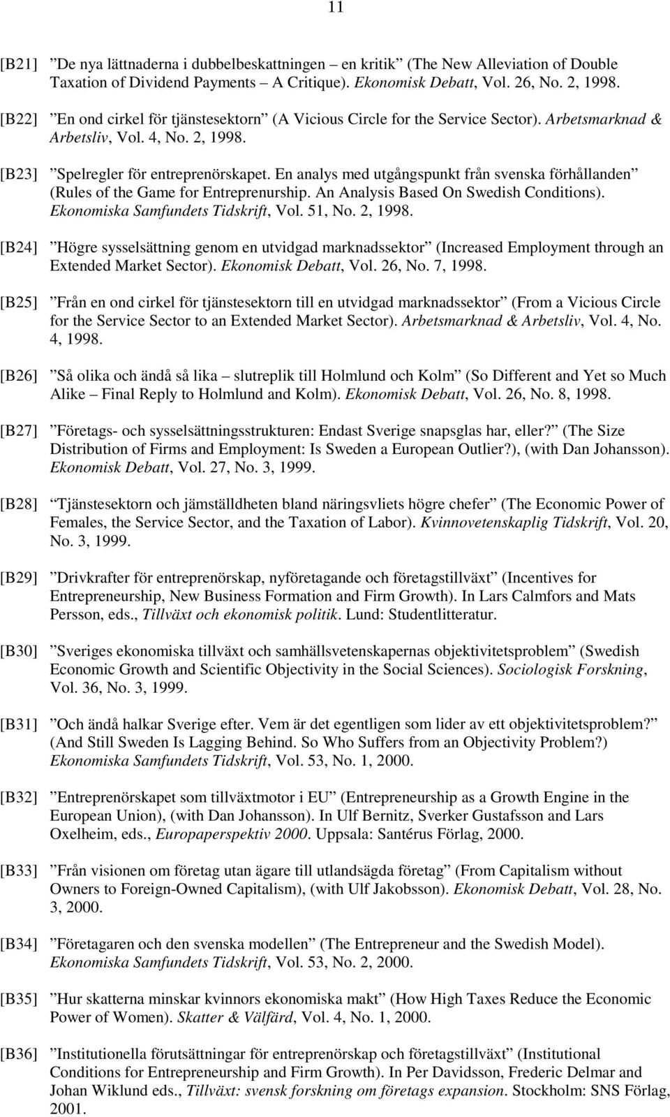 En analys med utgångspunkt från svenska förhållanden (Rules of the Game for Entreprenurship. An Analysis Based On Swedish Conditions). Ekonomiska Samfundets Tidskrift, Vol. 51, No. 2, 1998.