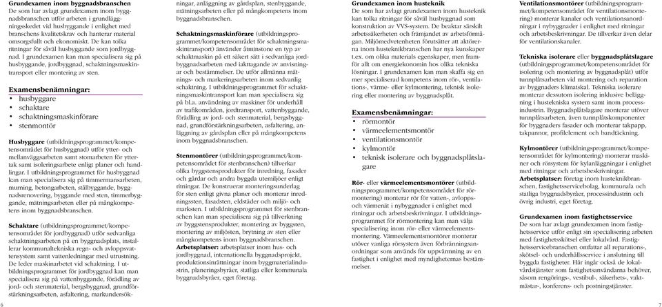 I grundexamen kan man specialisera sig på husbyggande, jordbyggnad, schaktningsmaskintransport eller montering av sten.