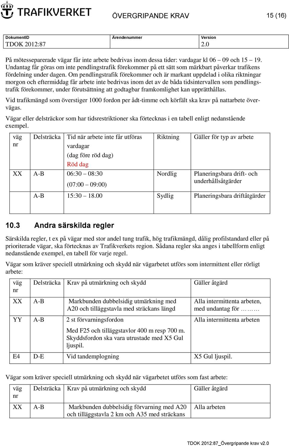 Om pendlingstrafik förekommer och är markant uppdelad i olika riktningar morgon och eftermiddag får arbete inte bedrivas inom det av de båda tidsintervallen som pendlingstrafik förekommer, under