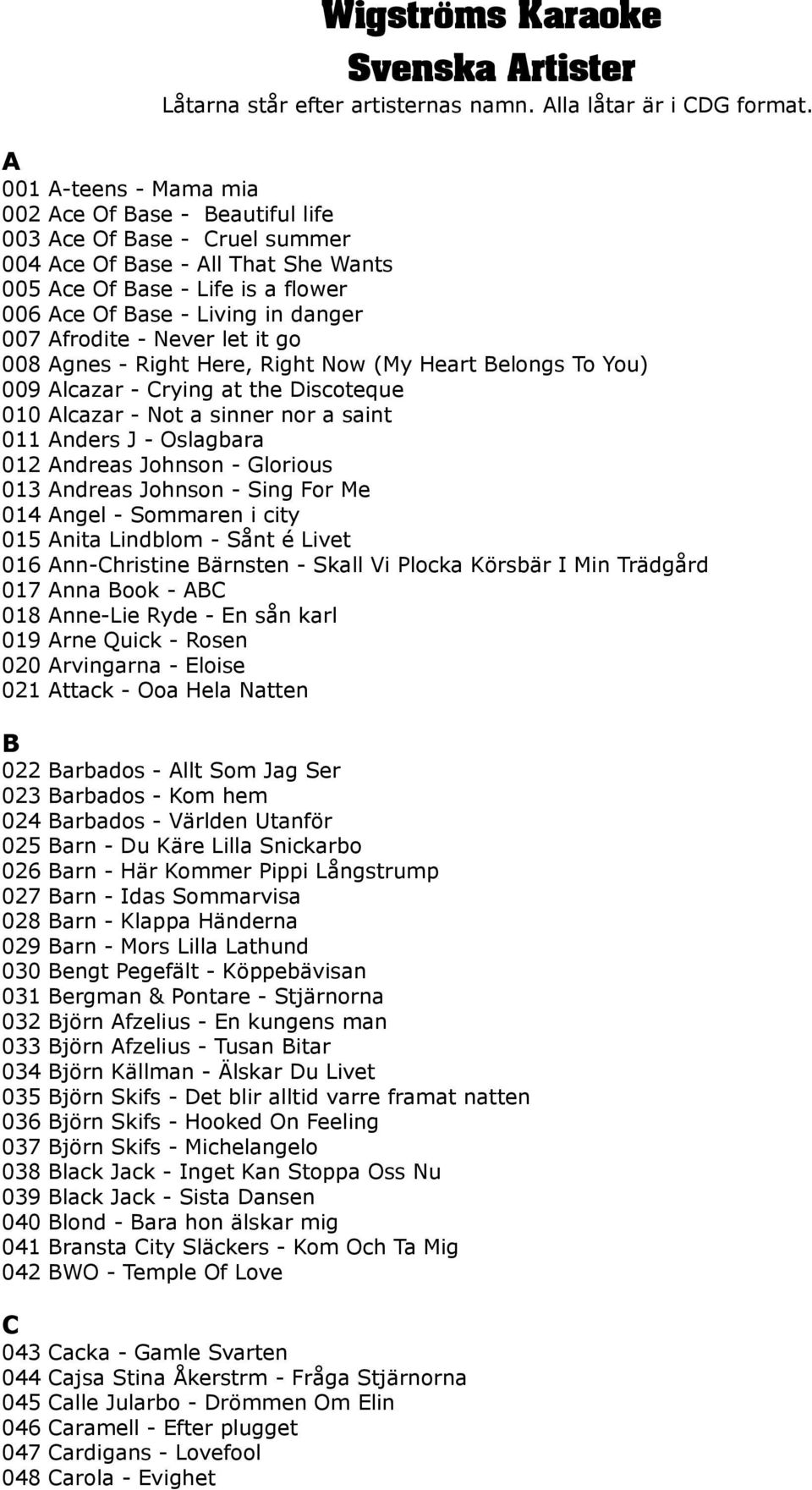 Afrodite - Never let it go 008 Agnes - Right Here, Right Now (My Heart Belongs To You) 009 Alcazar - Crying at the Discoteque 010 Alcazar - Not a sinner nor a saint 011 Anders J - Oslagbara 012